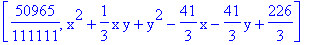 [50965/111111, x^2+1/3*x*y+y^2-41/3*x-41/3*y+226/3]